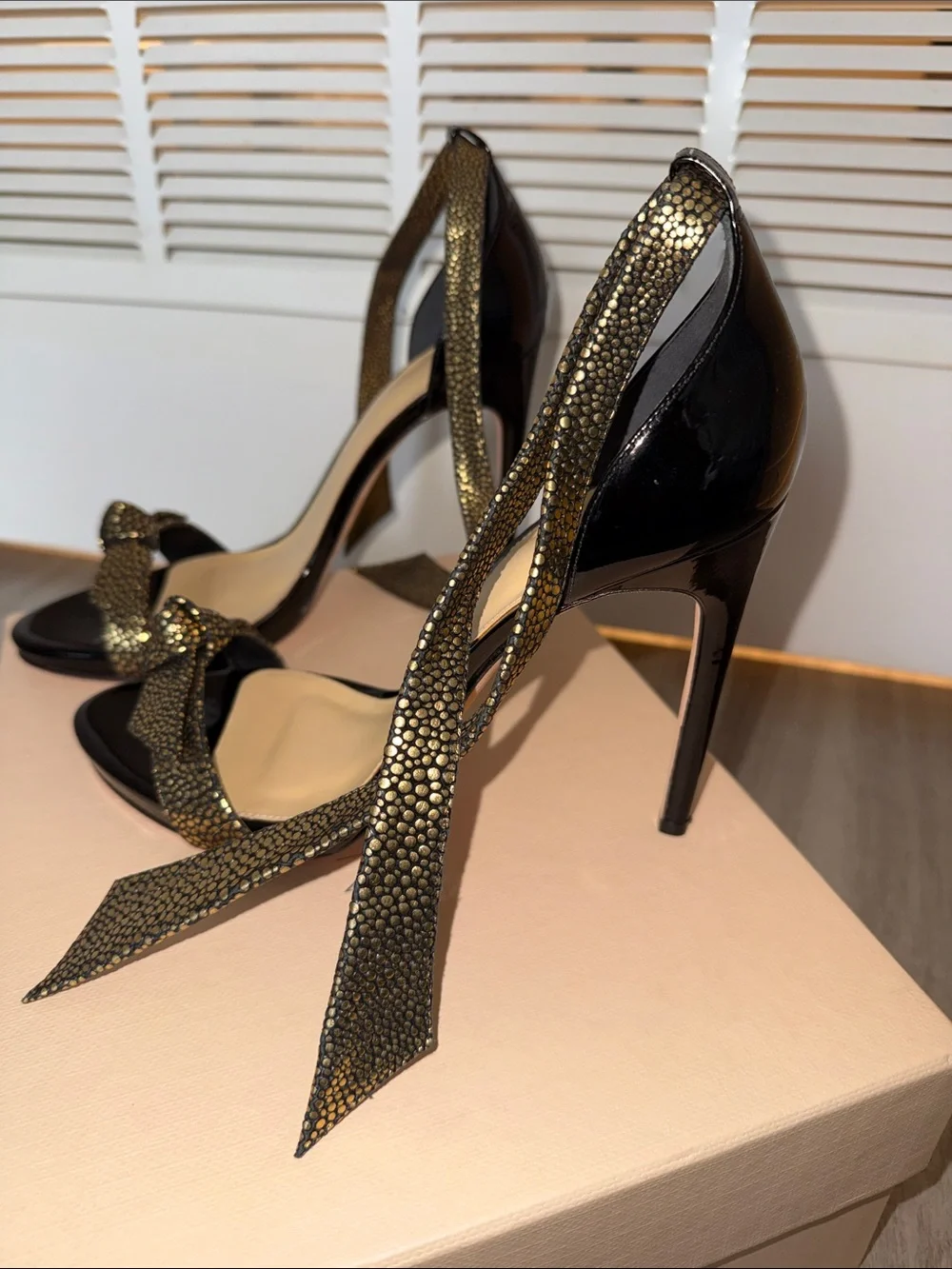 Alexandre Birman Clarita Leather Black and Gold Ankle-Tie High Heels - Picture 9 of 10